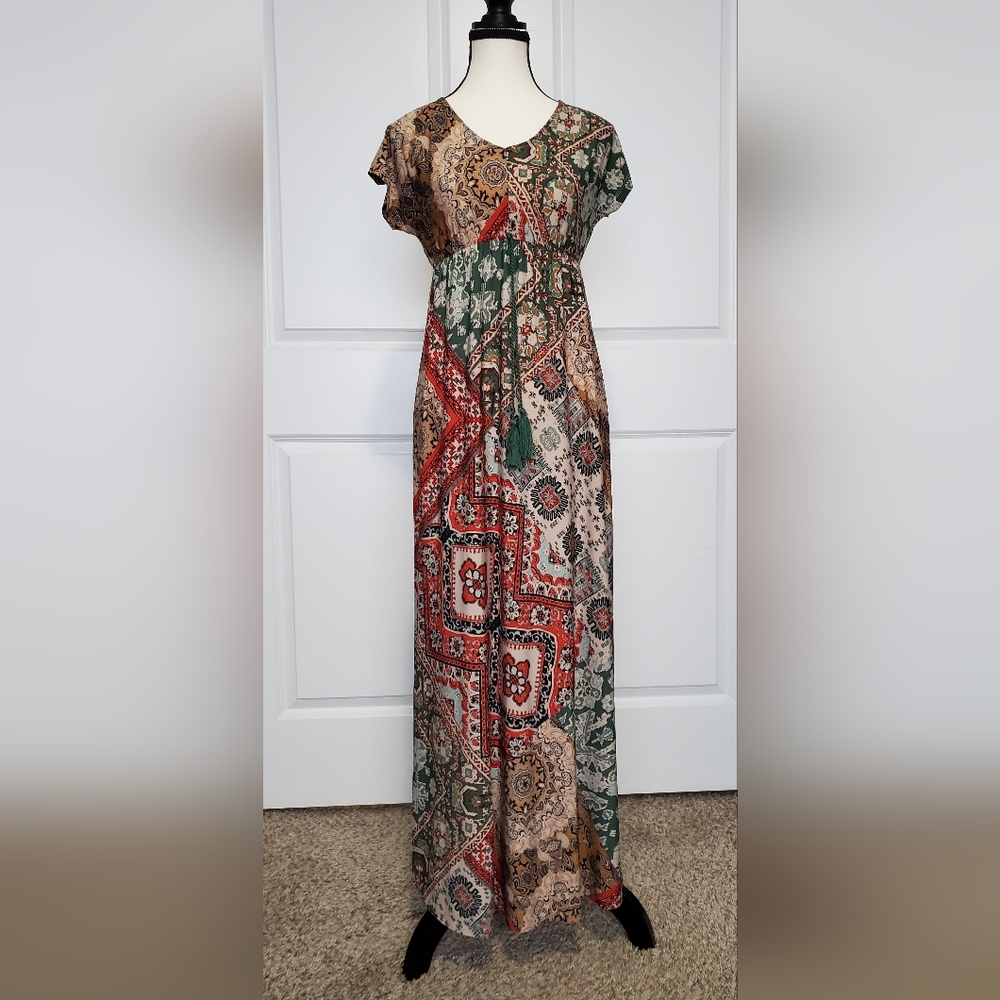 Style & Co Petite Mixed-Print Tassel-Waist Maxi Dress
